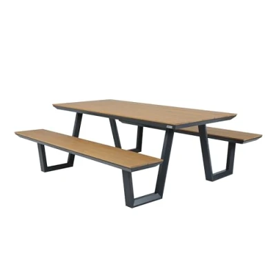Afbeelding van AXI Nori Picknicktafel met 2 banken Antraciet Teak look Polywood Gepoedercoat aluminium frame Tafel en tafelblad zitvlak 200x190cm