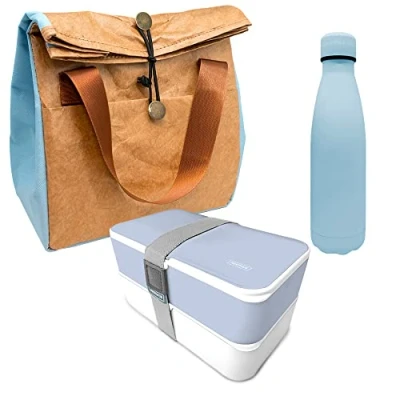 Afbeelding van Set dubbelwandige fles van roestvrij staal, blauw + lunchbox koeltas
