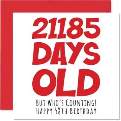 Afbeelding van verjaardagskaart 58 jaar voor mannen en vrouwen 21185 dagen grappige volwassenen broer, zus, zoon, dochter, moeder, vader, 145 mm x