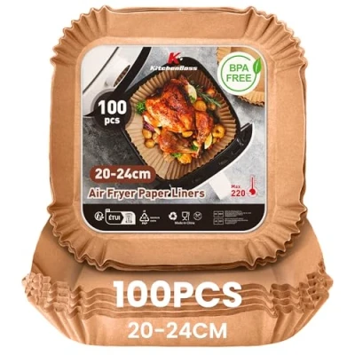 Afbeelding van KitchenBoss bakpapier Air Fryer: 100 stuks voor Airfryer, vierkant, 20 x 24 cm, wegwerp antiaanbaklaag, bakpapier, 5 7 l, zonder olie, pan, oven, magnetron