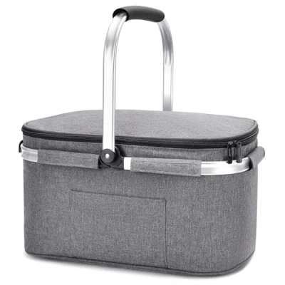 Afbeelding van ALLCAMP OUTDOOR GEAR 32L inklapbare geïsoleerde picknickmand grote koeltas voor 4 personen, koelmand met ritssluiting 2 koelelementen (grijs)