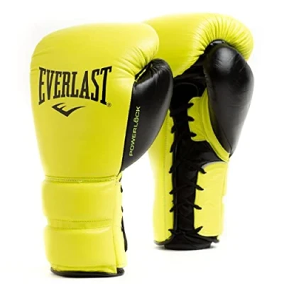 Afbeelding van Everlast Powerlock 2 Pro Gants de boxe à lacets pour sac sable, pattes d&#039;ours et sparring, avec support, mousse 5 couches système laçage Jaune fluo