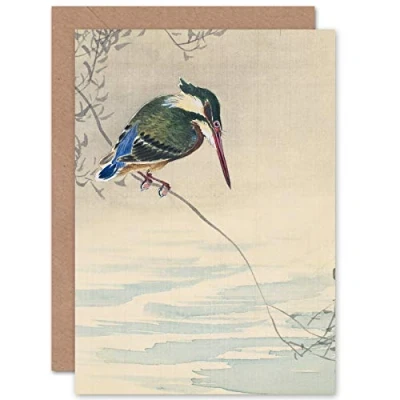 Afbeelding van Wenskaart Ohara Koson Kingfisher Bird Japans schilderij Fine Art + blanco envelop aan de binnenkant
