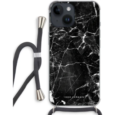 Afbeelding van Case Company® hoesje met Koord geschikt voor iPhone 14 Zwart Marmer Telefoonhoesje Extra Bescherming aan alle Kanten en Over de Schermrand