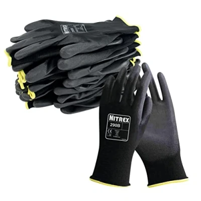 Afbeelding van NITREX 290B Werk en veiligheidshandschoenen, 10 paar zwarte algemene behandelingshandschoenen met PU handpalmcoating, maat 6, XS