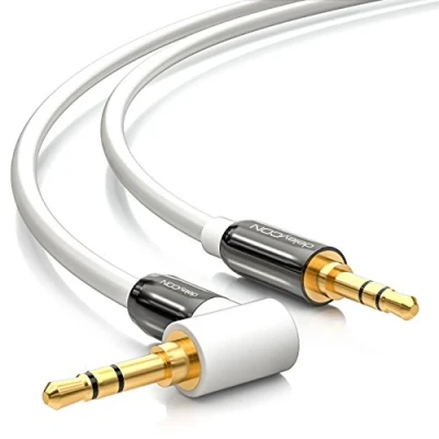 Afbeelding van deleyCON 5 m jack kabel, 3,5 mm, AUX, stereokabel, audiokabel, jackstekker, 1 x 90 graden gebogen, voor pc, smartphone, tablet, auto, hifi speler, wit