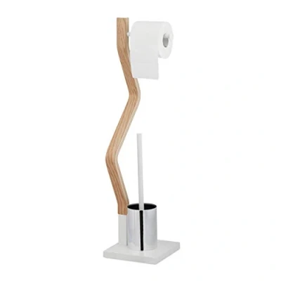 Afbeelding van Relaxdays toiletbutler staand toiletrolhouder wc garnituur toiletborstel hout wit
