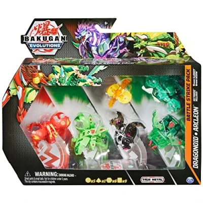 Afbeelding van Bakugan Set van 6 &quot;Evolutions&quot; Battle Strike ballen met 1 platina bal (Darkus Dragonoid), 2 basisballen (Pyrus Sectanoid, Ventus Nillious), geogan (Ventus Arcleon) en Nanogan