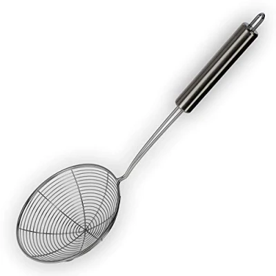 Afbeelding van Schuimtroffel, kleine doorslag, stalen doorslag met lange handgreep, afseielepel, schuimlepel, scheplepel, zeef, blancheerlift (zilver)