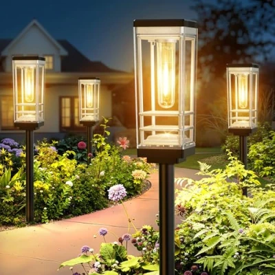Afbeelding van BUCASA 4 stuks zonnelampen voor buiten, tuin, grotere en heldere met warmwit, wolfraam, waterdicht, tuindecoratie gazon, terras