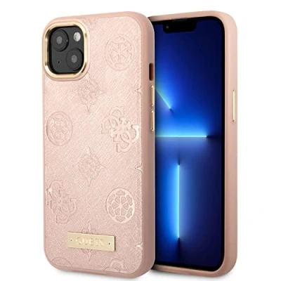 Afbeelding van Guess GUHMP14SSAPSTP hoesje voor iPhone 14 roze Peony Logo Plate MagSafe