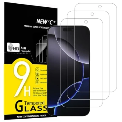 Afbeelding van NEW&#039;C Lot de 3 films protection d&#039;écran en verre blindé pour iPhone 16 Pro Max (6,9&quot;), sans rayures, dureté 9H, film HD, 0,33 mm, ultra transparent, résistant