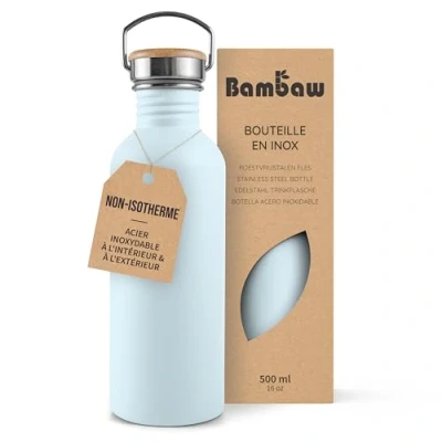 Afbeelding van Bambaw® Waterfles 500 ml Enkelwandige drinkfles RVS Niet Geïsoleerd Lekvrij, en Plasticvrij met Bamboe Dop Water Fles Perfect voor Reizen, Werk, Yoga, Wandelen Dagelijks Gebruik lichtblauw