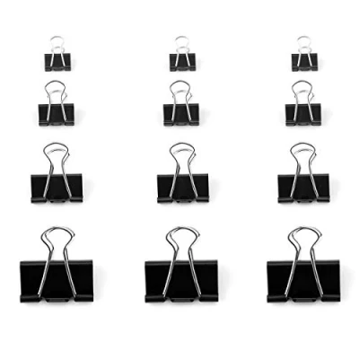 Afbeelding van D.Rect set van 48 vouwklemmen, 4 x 12 stuks, 15/19/25/32 mm, multifunctionele metalen paperclips voor notities, briefpapier, kantoorbenodigdheden, zwart