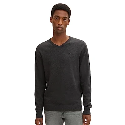 Afbeelding van TOM Tailor Basic V NECK Trui Black/ grey melange, Heren, Maat: 3XL, melange