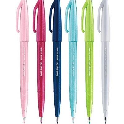 Afbeelding van Pentel SES15C Brush Sign Pen Flexibele Vezelpunt Nieuwe kleuren gesorteerd, 6 stuks