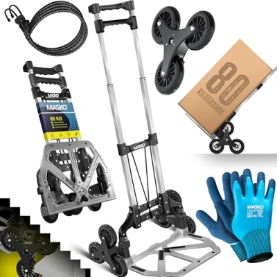Afbeelding van MASKO® Steekwagen opvouwbaar 80 kg Laadvermogen Trapsteekwagen 3x3 incl. Wielen + 2x Uitzettouwen Handschoenen In Hoogte Verstelbare Handgreep Aluminium Transportkar Grijs