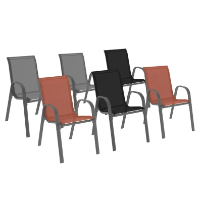Afbeelding van Set van 6 grijs zwarte en terracotta LYMA metalen textilene tuinstoelen, stapelbaar