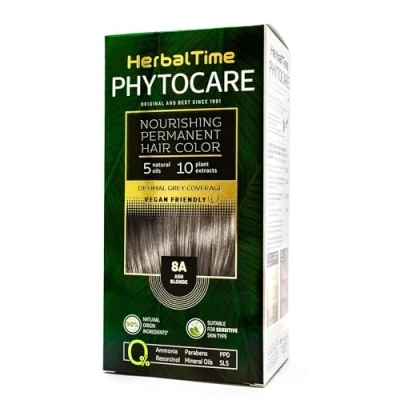 Afbeelding van Herbal Time Phytocare Permanente haarverf, asblond, 8A, professionele natuurlijke voed en bescherm je haar, zonder ammoniak, PPD SLS, 124,5 ml