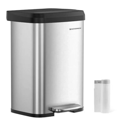 Afbeelding van SONGMICS LTB530E50 Afvalemmer voor de keuken, 50 liter, pedaalemmer, metaal, met deksel, hoog, smal en ruim, zilver/zwart