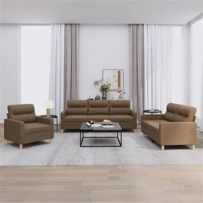 Image de vidaXL Ensemble de canapés 3 pcs avec coussins Marron Tissu3201813