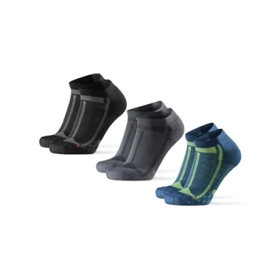 Afbeelding van DANISH ENDURANCE Korte hardloopsokken, lange afstand, ademend en anti blaren, heren dames, 3 paar, Veelkleurig (1x zwart/grijs, 1x blauw/geel, grijs/zwart), 48 51