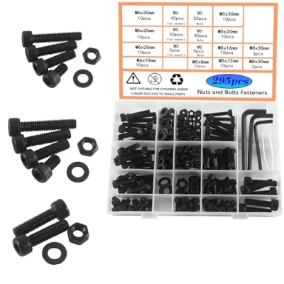 Afbeelding van HVDHYY M5 M6 M8 bouten en moeren schroeven zwart assortiment set koolstofstaal sluitringen zeskantschroeven inbouw met opbergdoos uitgerust 3 sleutels 295 stuks