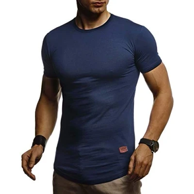 Afbeelding van Leif Nelson Zomer T shirt voor heren met ronde hals, slimfit, katoenaandeel, cool wit zwart basic shirt, korte mouwen, lang, LN8294, donkerblauw, XXL