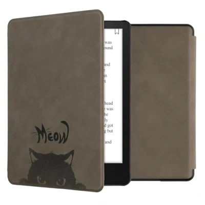 Afbeelding van kwmobile e reader hoes geschikt voor Amazon Kindle Paperwhite 11. Generation 2021 Case van kunstleerleer Kat Meow design In grijs / zwart