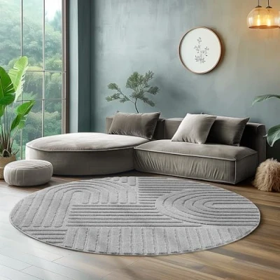 Afbeelding van Rond, hoogpolig tapijt voor woonkamer, keukentapijt, in Scandinavische en boho stijl met 3D design, zacht pluizig. Afmetingen: 120 x cm; kleur: zilver.