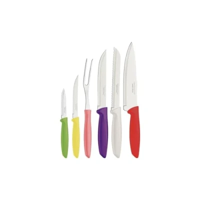 Afbeelding van Tramontina Plenus 23498916 keukenmessen set van 6 met dunschiller, brood, kok, biefstuk en snijvork, groentesnijder