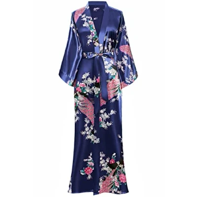Afbeelding van BABEYOND Kimono voor dames, badjas, pauwenpatroon, 135 cm, Donkerblauw