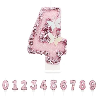 Afbeelding van Partyhausy Verjaardagskaarsen nummer 4,3D, roze, kaars 4, vlinderdecoratie, verjaardagstaart, topper, decoratie, voor kinderen, volwassenen