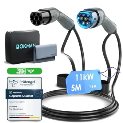 Afbeelding van bokman type 2 elektrische auto oplaadkabel PHEV, modus 3 / 16 A 11 kW driefasig 5 meter, snellaadkabel, hybride plug in voor voertuigen, 2,
