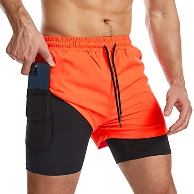 Afbeelding van Danfiki 2 in 1 sportshorts voor heren, ademend, met zakken, sneldrogende sportbroek zak, sportlegging, basislaag stretch