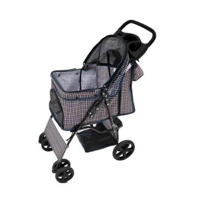 Afbeelding van Opvouwbare Huisdierenwagen met Organizer Tas, Veiligheidshaak, Kap, Mand en Regenhoes Ruitblauw, Draagvermogen 15 kg