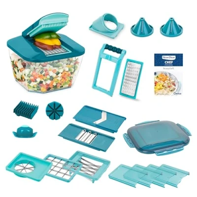 Afbeelding van Nicer Dicer Chef Professional Handmatige groentesnijder, 23 delig, met grote opvangbak, 5,2 l, vershouddeksel, spiraalinzetstukken, Julienne tomatensnijder, saladesnijder receptenboek
