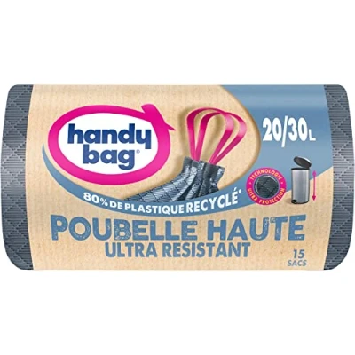Image de Handy Bag sacs poubelle haute à poignées coulissantes 20L/30L x 15 Technologie Ultra Protection : trame et film triple épaisseur Étanchéité maximale 100% plastique recyclé