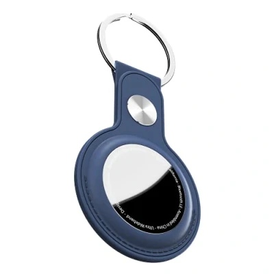 Afbeelding van KeyBudz AirTag lederen sleutelhanger Apple AirTags hanger beschermhoes met blauw