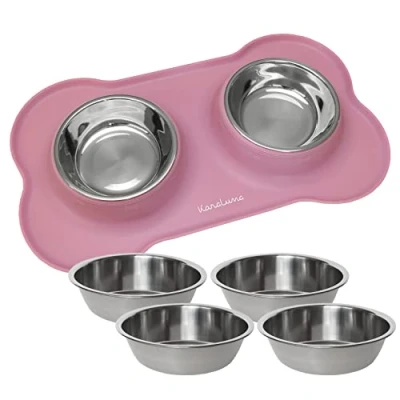 Afbeelding van Naponderlegger van siliconen met roestvrijstalen voerbak, voor katten en honden, 400 ml, roze