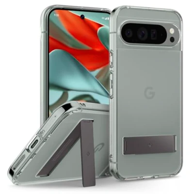 Afbeelding van Caseology Capella Beschermhoes met standaard voor Google Pixel 9 Pro XL, geïntegreerde standaard, militaire valbescherming, antislip patronen aan de zijkant grijs