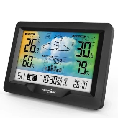 Afbeelding van GreenBlue weerstation Draadloos Met DCF maanfasen, barometer, kalender Zwart
