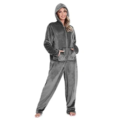 Afbeelding van Damespyjama, rompertje voor dames, all in one onesie, van fleece, S XL., Donkergrijs