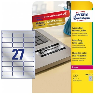 Afbeelding van Avery Zweckform L6011 8 Etiketten voor typeplaatjes 63.5 x 29.6 mm Polyester folie Zilver 216 stuk(s) Permanent hechtend Laser (zwart/wit), Kopiëren