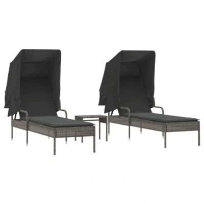 Afbeelding van vidaXL Ligbedden 2 st met luifels en tafel poly rattan grijs