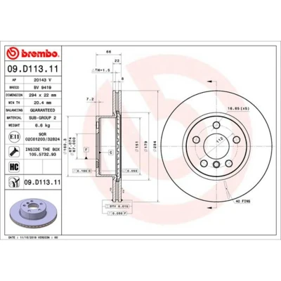 Afbeelding van BREMBO 09.D113.11 Remschijf 294 22 5 interne ventilatie Gecoat High carbon Met schroeven BMW: 3 Saloon, Touring