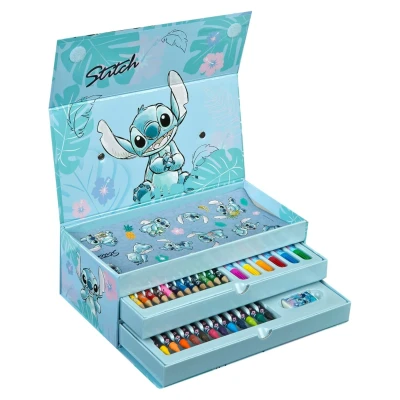 Afbeelding van Undercover Stitch 44 delige kleurkoffer creatieve set voor kinderen met 3 vakken vol schilderplezier kleurpotloden van was poster stickers om