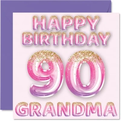 Afbeelding van Verjaardagskaart 90 jaar voor oma roze en paarse glitterballonnen verjaardagskaarten jarige van kleinzoon kleindochter, 145 mm x