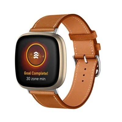 Afbeelding van Fitbit Versa 3/4 &amp; Sense 1/2 leren bandje Bruin Roestvrijstale gespsluiting