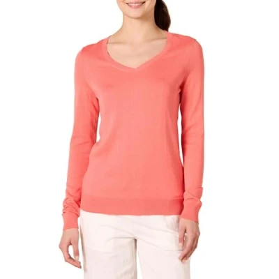 Image de Amazon Essentials Chandail léger à manches longues et col en V pour femme (disponible grande taille), rose corail, taille XL